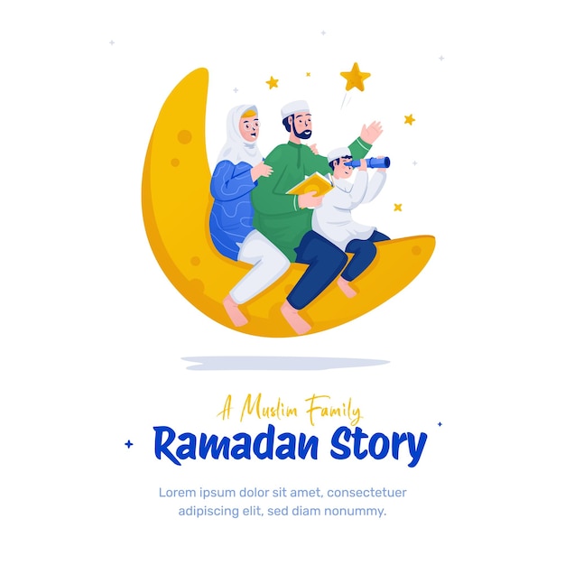 Vettore illustrazione di una famiglia musulmana che accoglie il mese di ramadan