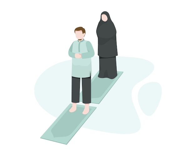 Muslim Father And Mother Pray Or Salat Together On Prayer Rug At Home Illustration