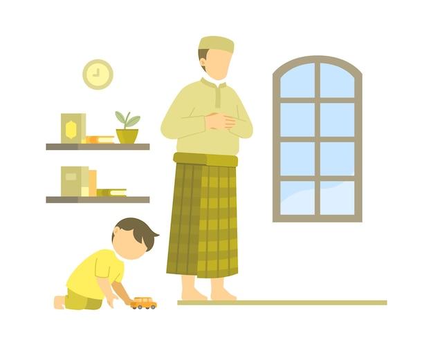 Vector muslim father pray and salah at home illustration