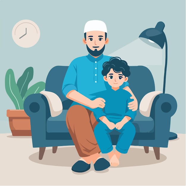 Vector muslim father and son sitting together on the sofa