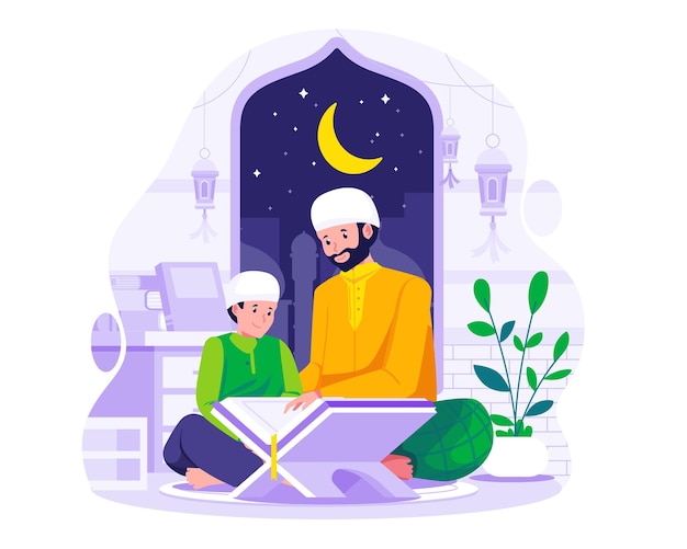 Vector a muslim father teaches his son to read quran in the holy month of ramadan concept illustration