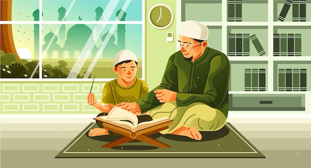 Muslim Father Teaching Quran to Son Illustration