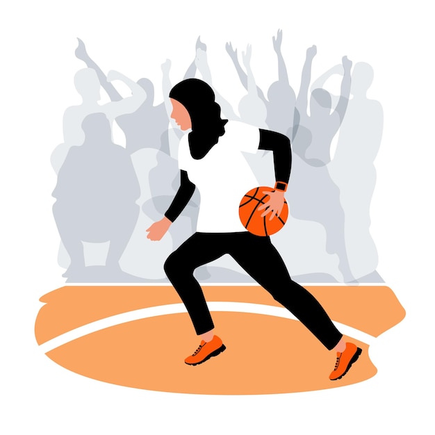 Una ragazza musulmana in un tradizionale hijab nero gocciola una palla arancione in un gioco di squadra. partita di basket