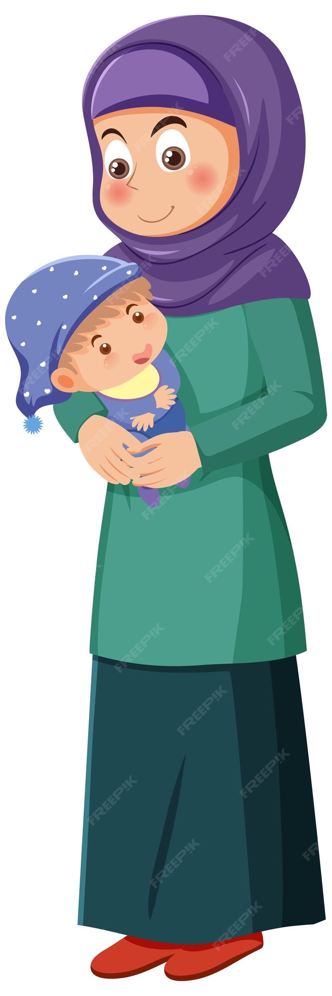 Premium Vector | Muslim girl carrying baby cartoon character