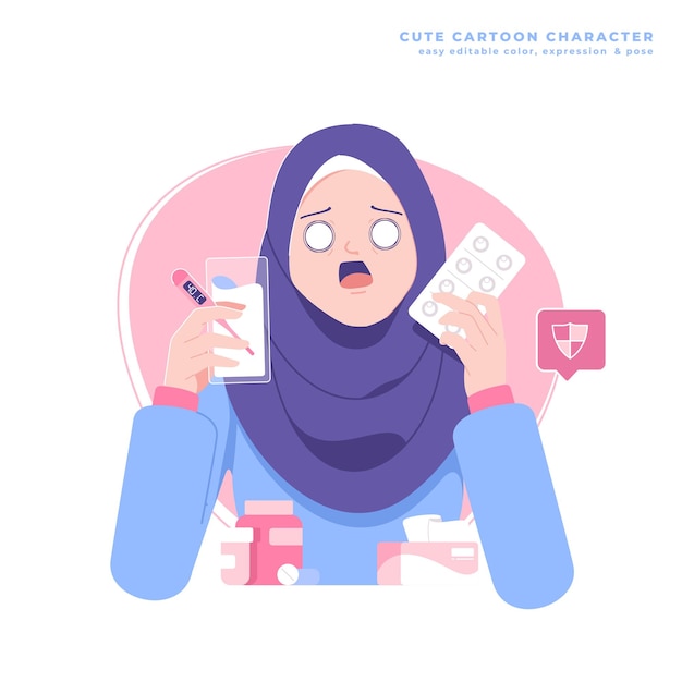 イスラム教徒の女の子のキャラクターと医学のイラスト