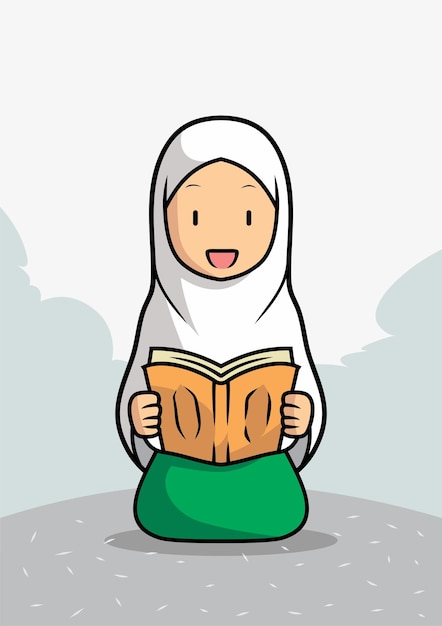 Vector muslim girl in hijab cartoon illustration reading the quran