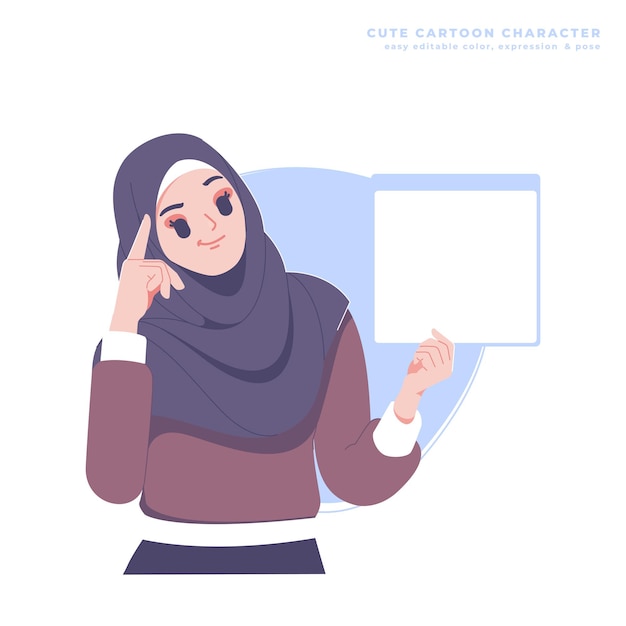 muslim girl holding blank banner cartoon character