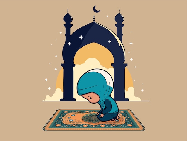 Мусульманская девушка предлагает молитву намаз на коврике и иллюстрации мечети на коричневом фоне с копировальным пространством