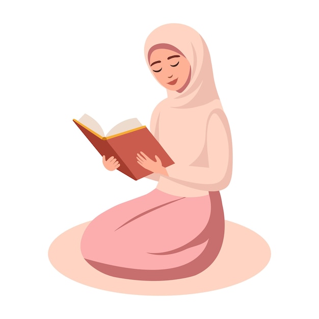 ベクトル 白い背景に孤立したベクトルイラストで本を読んでいるイスラム教徒の少女