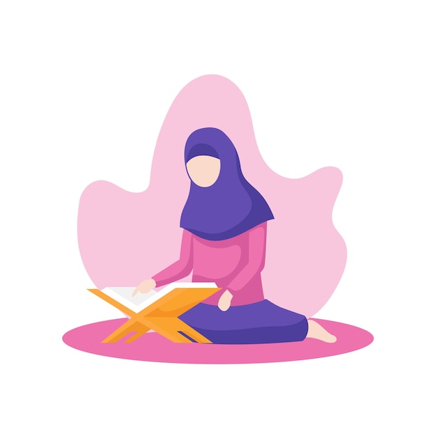 Мусульманская девушка читает аль-коран священная книга ислама векторная плоская иллюстрация на фоне природы мира с цветочным орнаментом из листьев ислам рамадан активность векторный дизайн