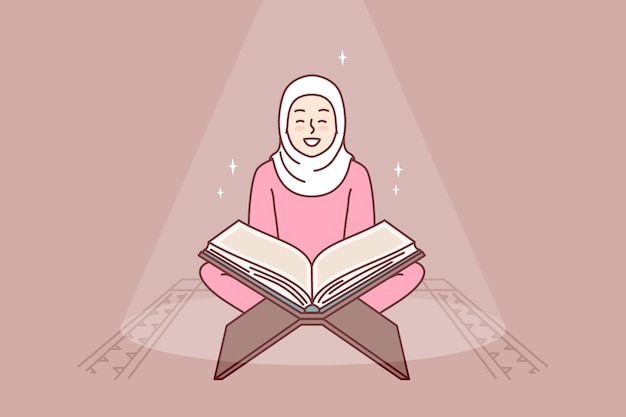 Muslim girl reads holy book quran turning to god allah sits in mosque or religious place for prayer