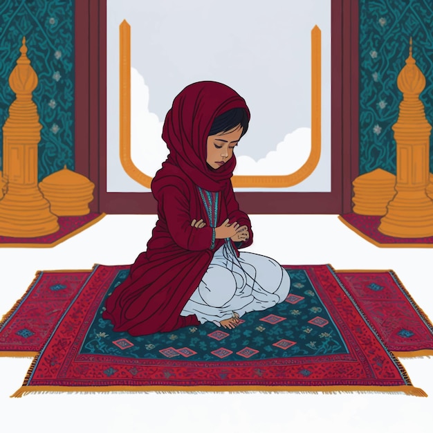 Vettore ragazza musulmana seduta sul tappeto da preghiera mentre pregava illustrazione vettoriale sfondo bianco