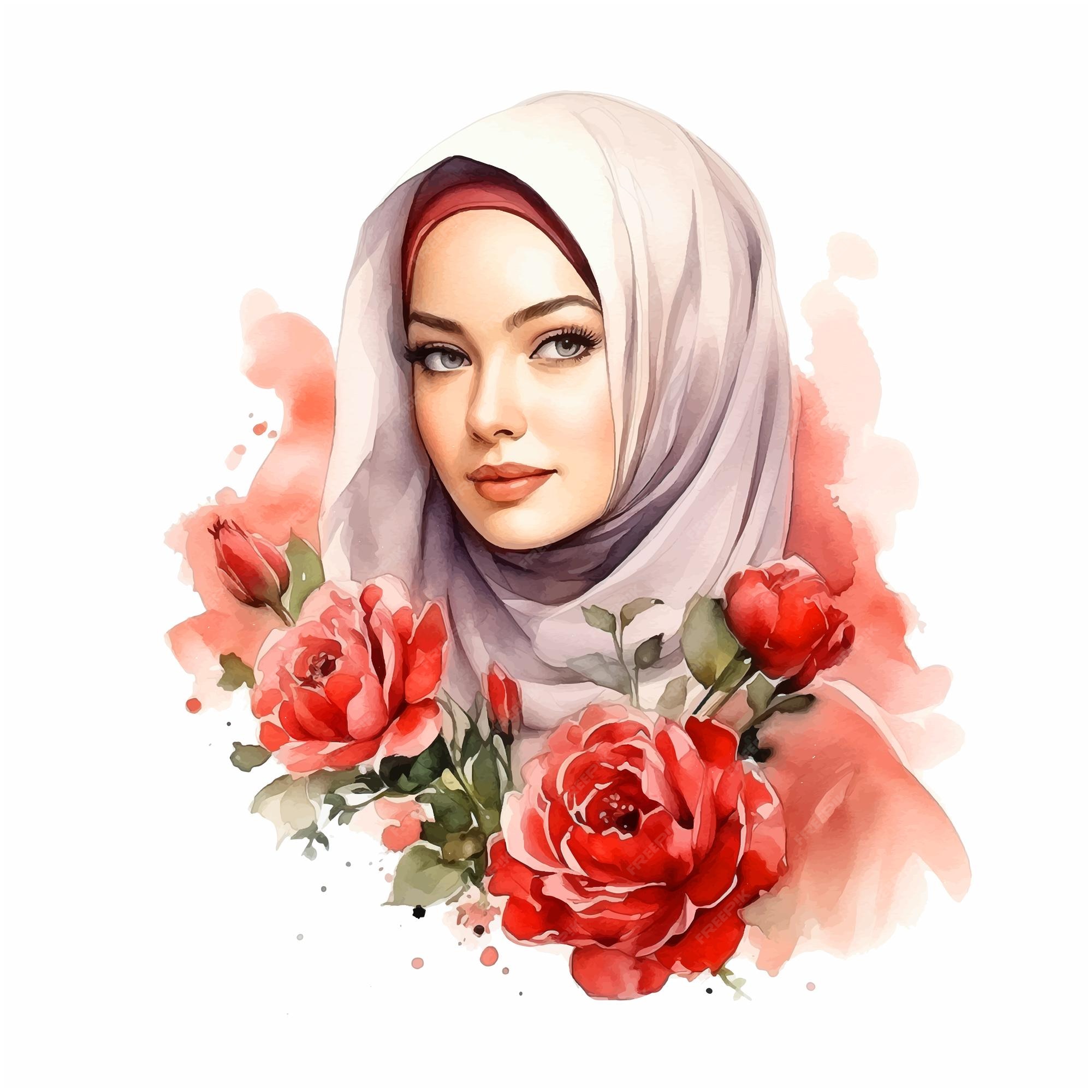 Premium Vector  Pretty hijab woman side profile with colorful flower  bouquet