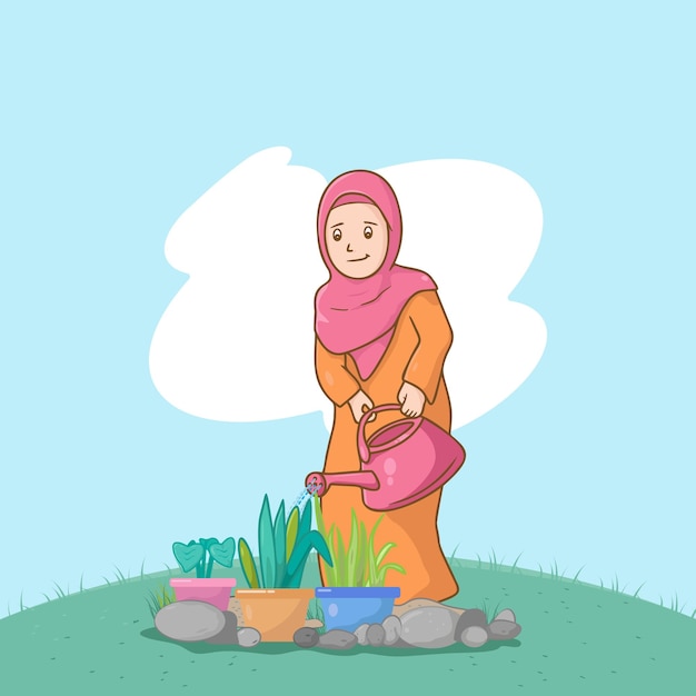 Muslim girl watering flowers