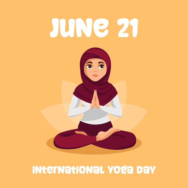 Вектор Мусульманская девушка в хиджабе занимается йогой, сидя в позе лотоса 21 июня международный день йоги inscr