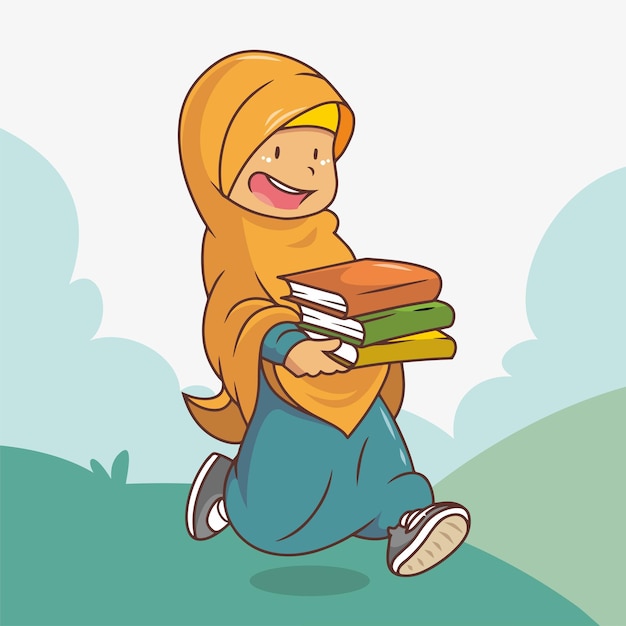 Muslim girl with hijab walking carrying some books