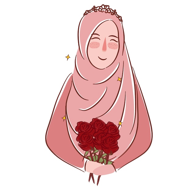 Muslim girl with roses wearing veil Islamic matrimonial illustration drawing