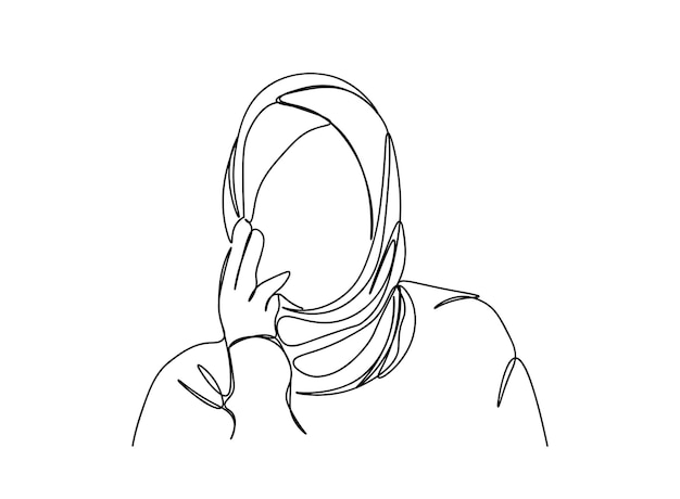 Muslim Girl, Woman single-line art drawing continues line vector illustration
