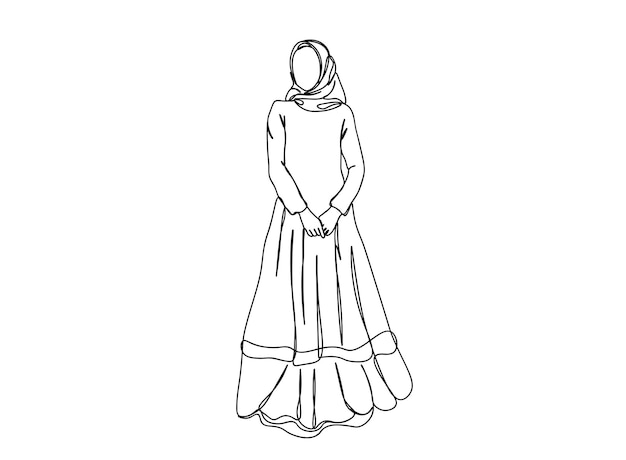 Muslim Girl, Woman single-line art drawing continues line vector illustration