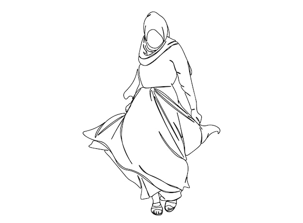 Muslim Girl, Woman single-line art drawing continues line vector illustration