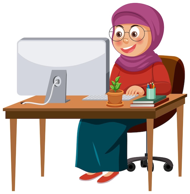 Vector muslim girl working at the table vector