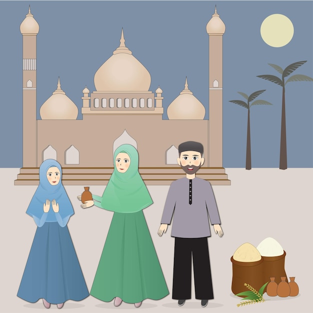 Vector muslim girl zakat sharing illustration premium vector