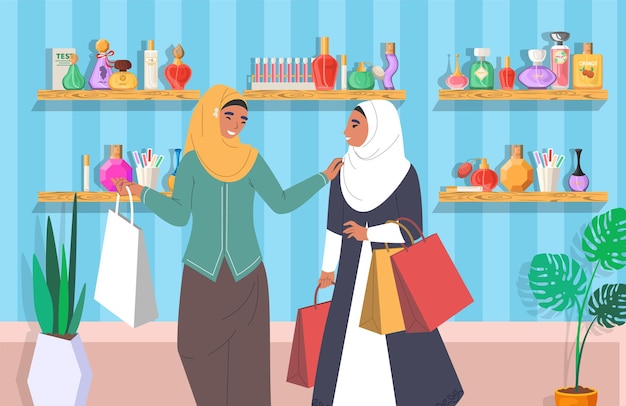 향수 가게에 있는 이슬람 소녀들은 전통 의상과 히잡을 쓴 평평한 벡터 삽화 아랍 여성 ...