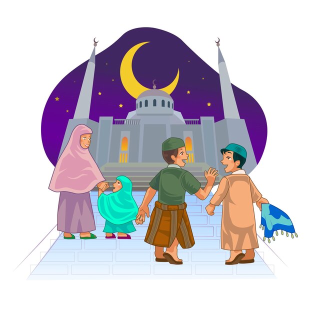 Vector muslim go to mosque to do taraweeh during ramadan suitable to use as social media content greeting
