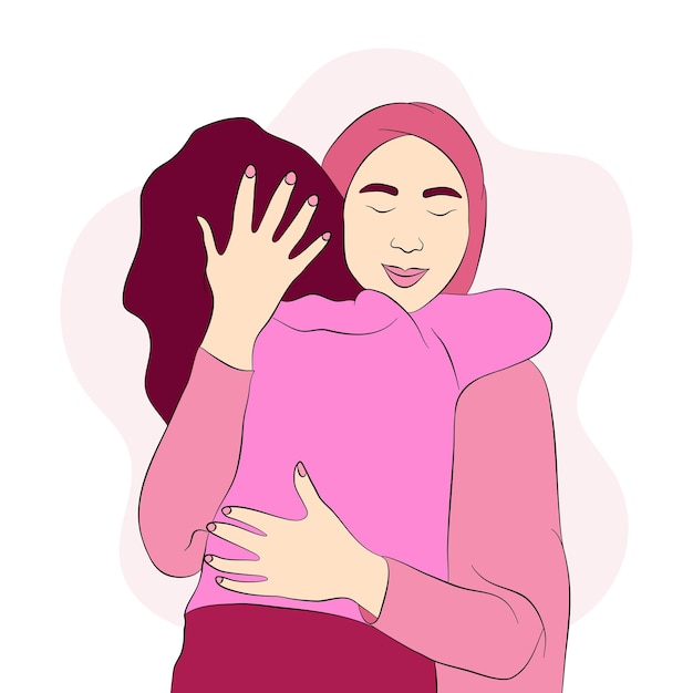 Muslim Hijab girl hugging daughter flat illustration