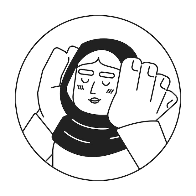 Vector muslim hijab lady hands on cheeks smiling black and white 2d vector avatar illustration arab adult female cupping face happily outline cartoon character face isolated in love flat user profile image