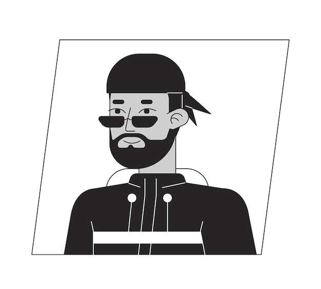 メガネのイスラム教徒のヒップスター黒白漫画アバター アイコン スタイリッシュな男編集可能な 2D キャラクター ユーザー ポートレート線形フラット イラスト ベクトル顔プロファイル輪郭人の頭と肩