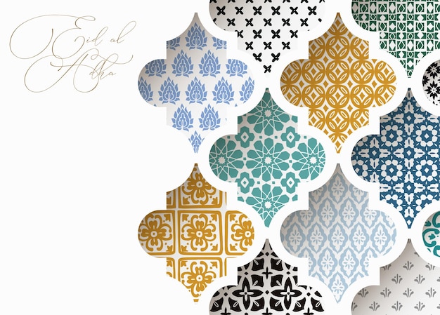 Мусульманский праздник ид аль-адха поздравительная открытка крупный план красочных декоративных арабских узоров плитки через окно белой мечети рамадан приглашение векторная арабеска иллюстрация фон современный дизайн