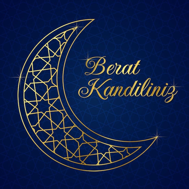 Muslim holiday Vector concept of Islamic holy night Berat Kandiliniz Translation islamic holy night Card with a crescent with an Arabic pattern Vector illustration on blue gradient background