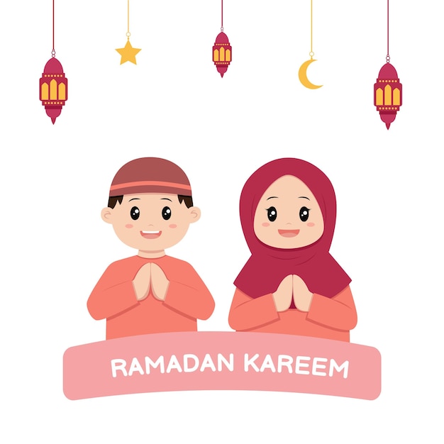 Muslim islamic couple kids giving greeting. boy and girl cartoon character. flat vector illustration