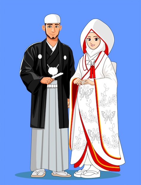 Muslim japanese brides with traditional clothes.