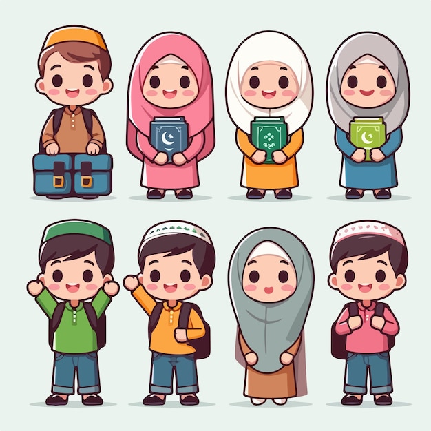 muslim kid collection illustration in flat vector style