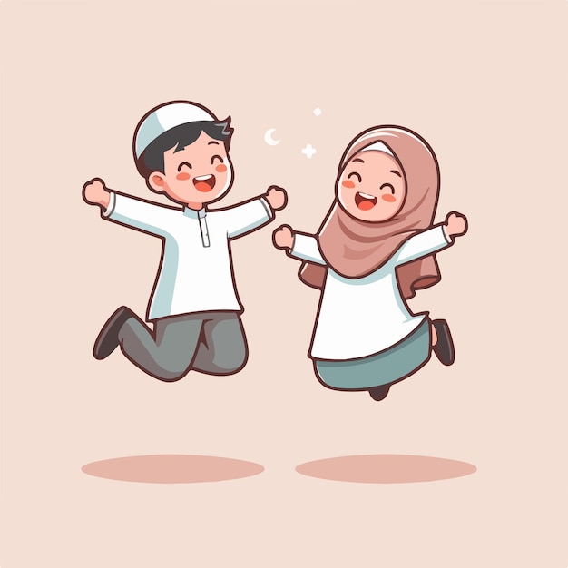 Vector muslim kid couple is jumping happily