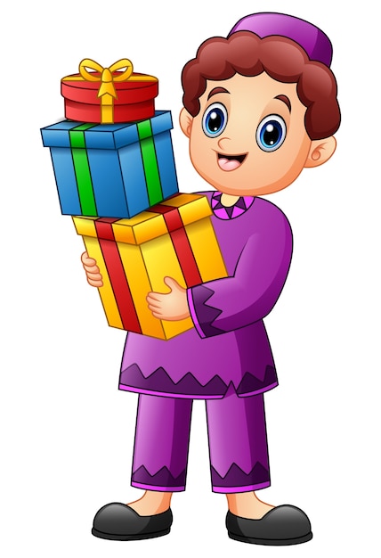 Vector muslim kid holding gift box wearing red clothes