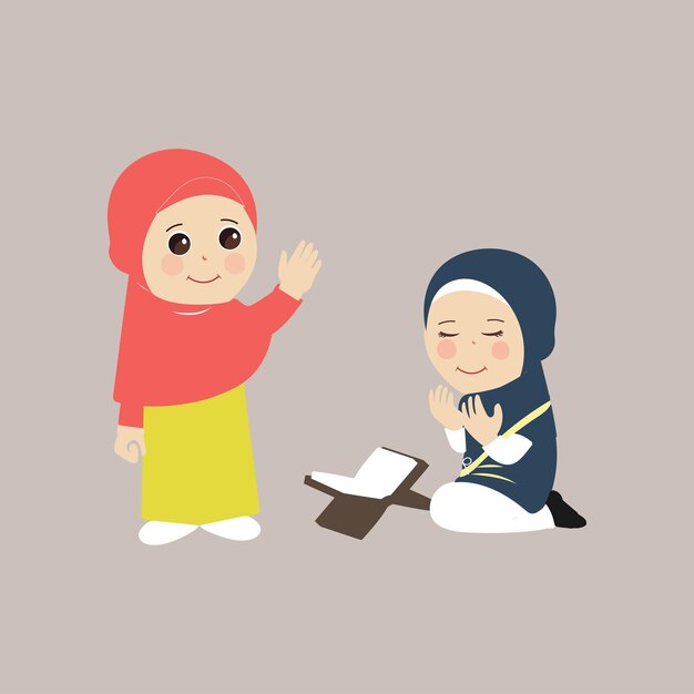 Muslim kid little girl ramadan cartoon vector illustration Muslim people in different actions