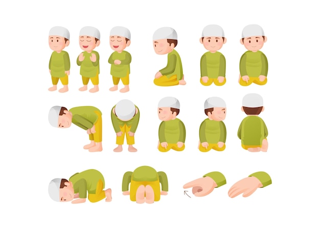 Muslim Kid Salah or Shalat Islamic Prayer Steps Tutorial Cute Illustration