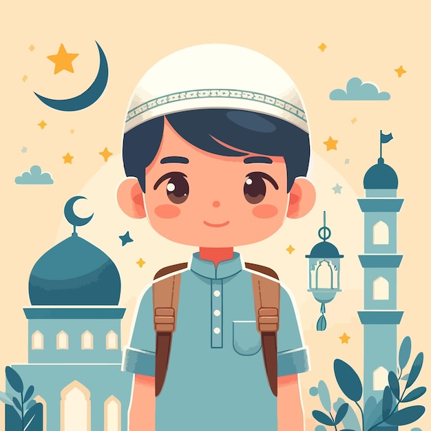 a muslim kid with flat design style