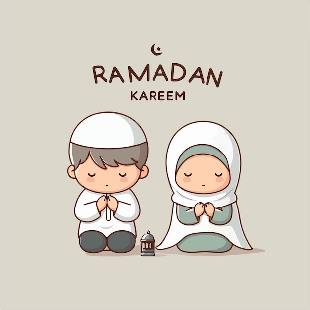 Muslim kids are praying with the text Ramadan Kareem