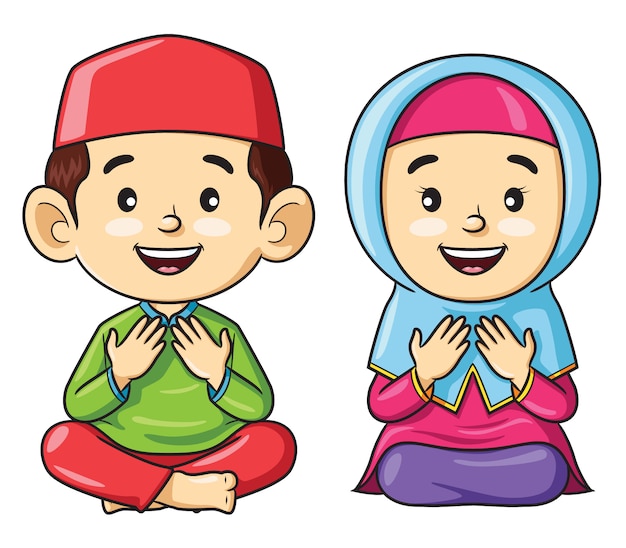 Muslim kids cartoon sitting while pray