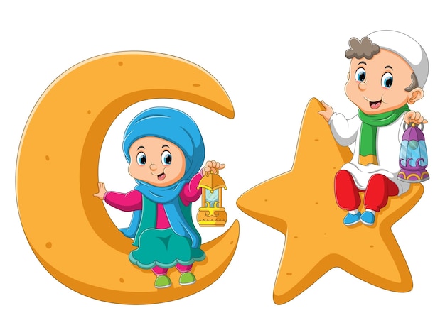 The muslim kids is holding the lantern sitting on the star and moon