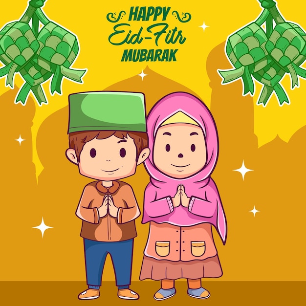 Vector muslim kids or people celebrating or wishing their festival eid fitr mubarak greeting card banner