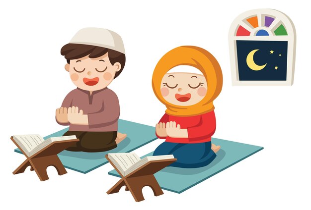 Vector muslim kids reading quran the holy book of islam and praying in the room isolated vector