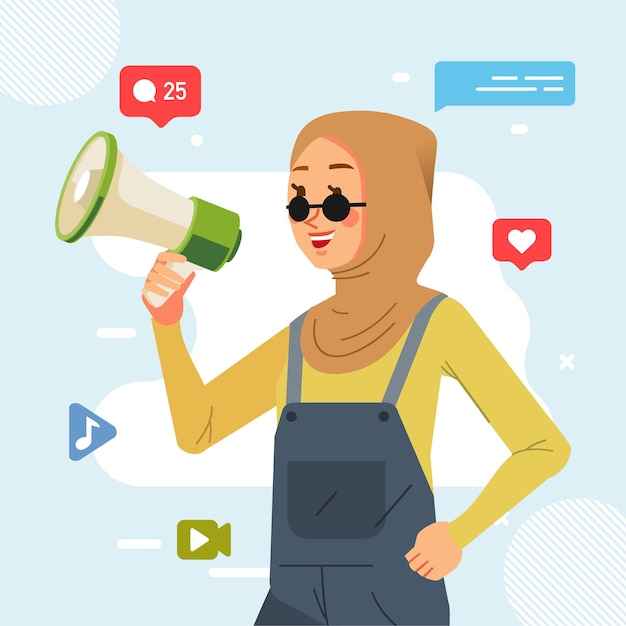 Muslim light brown hijab young girl holding megaphone shouting loud announcing social media promotion advertising concept