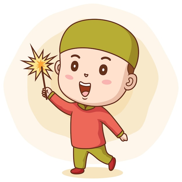 Muslim little kid playing a firework Vector illustration