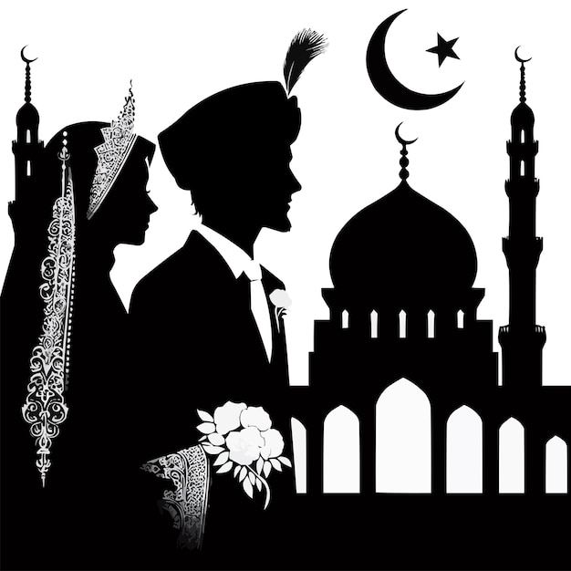 ベクトル 黒いベクトルの白い背景に映るイスラム教徒の恋人のシルエット
