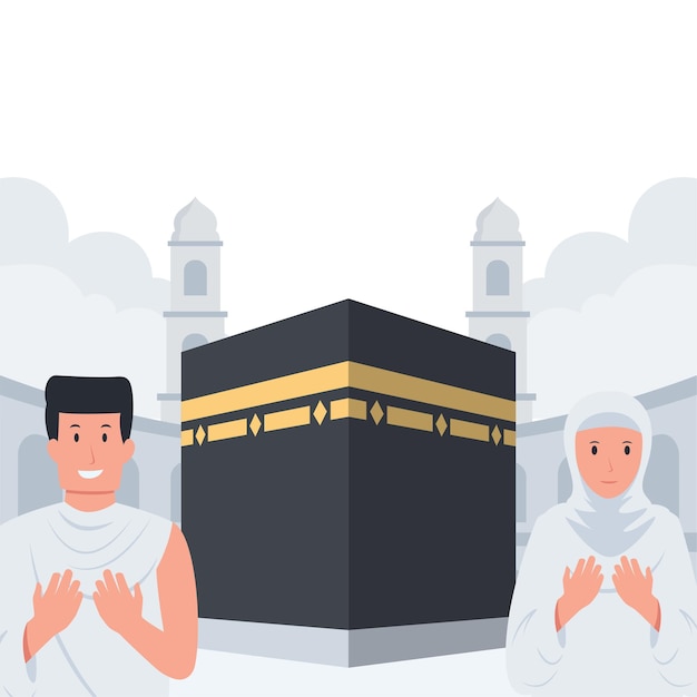 Hajj에 대한 Kaaba 일러스트레이션 앞에서 기도하는 무슬림 남성과 여성